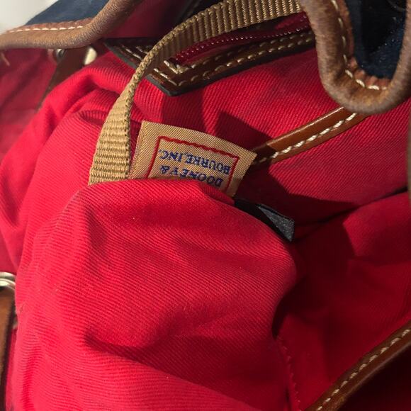 Dooney & Bourke Navy Suede Bucket Bag Brown Leather Drawstring Tassel - Picture 9 of 10